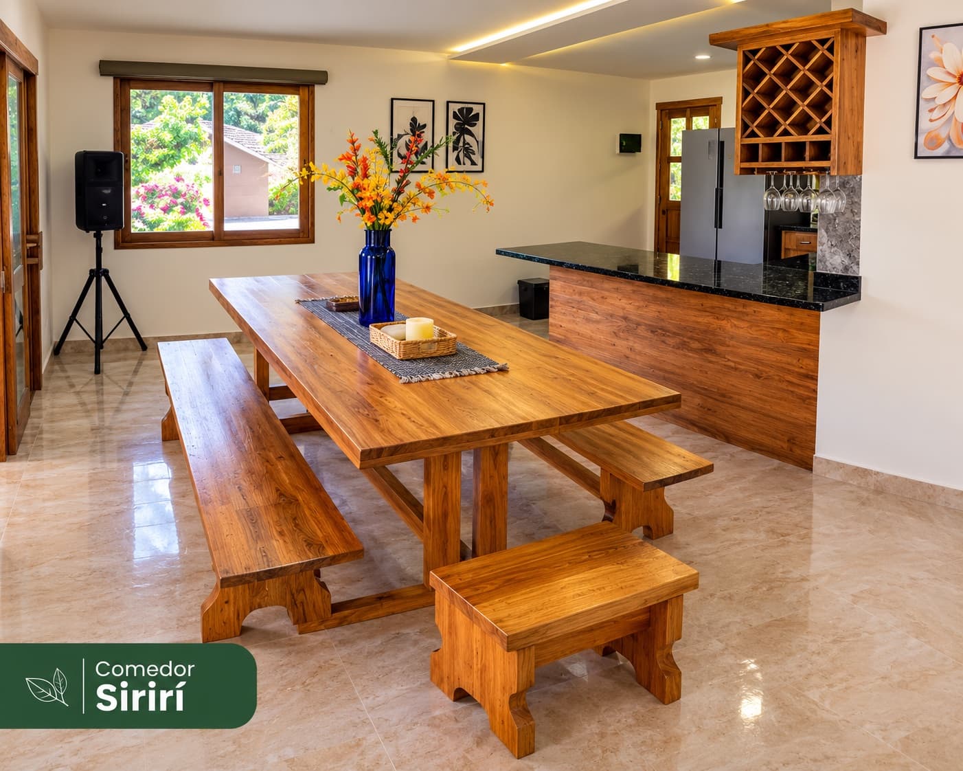 Comedor de madera de la Cabaña Sirirí con flores frescas